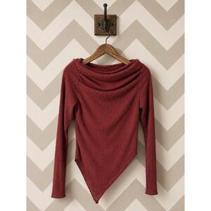 PrettyGarden Cowl Neck Asymmetrical Ribbed Knit Top Red Large